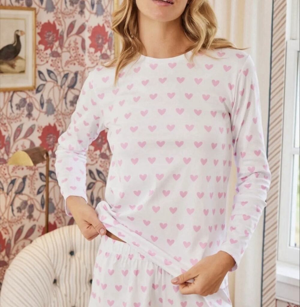 Lake Heart Pajama TOP ONLY White Pink Hearts Long Sleeve Small